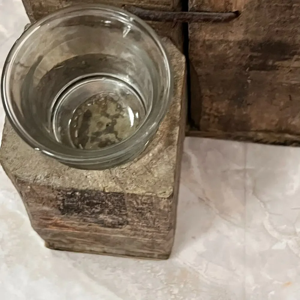 Rustic Square Wood Glass Tealight Holder 10.5